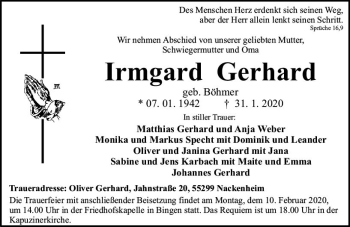 Traueranzeige von Irmgard Gerhard von vrm-trauer