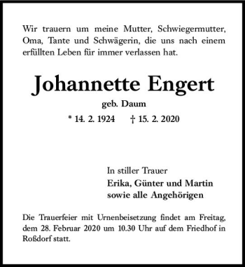 Traueranzeige von Jobannette Engert von vrm-trauer