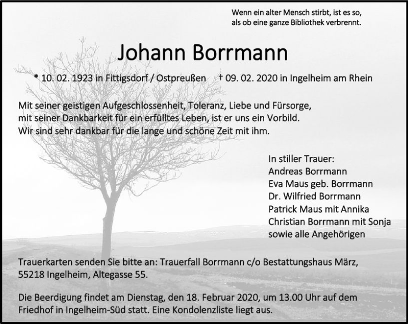  Traueranzeige für Johann Borrmann vom 15.02.2020 aus vrm-trauer