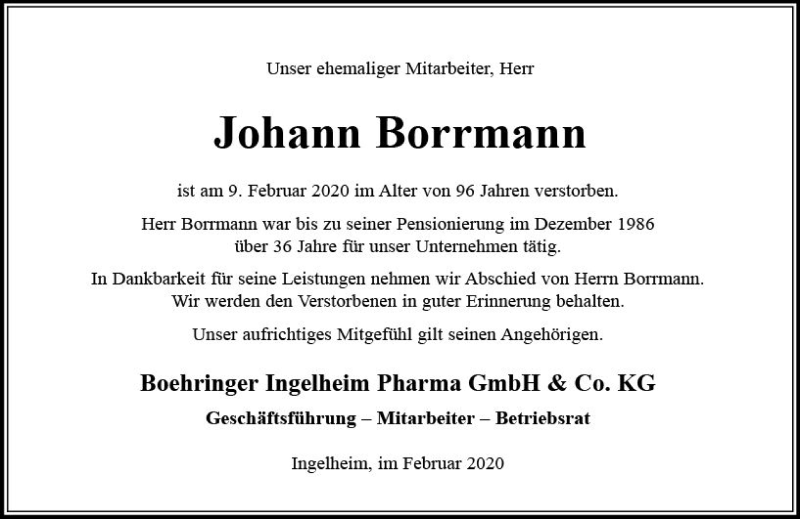  Traueranzeige für Johann Borrmann vom 15.02.2020 aus vrm-trauer