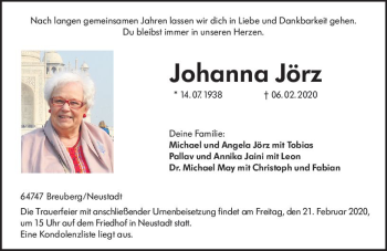 Traueranzeige von Johanna Jörz von vrm-trauer