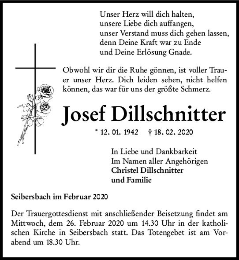  Traueranzeige für Josef Dillschnitter vom 22.02.2020 aus vrm-trauer