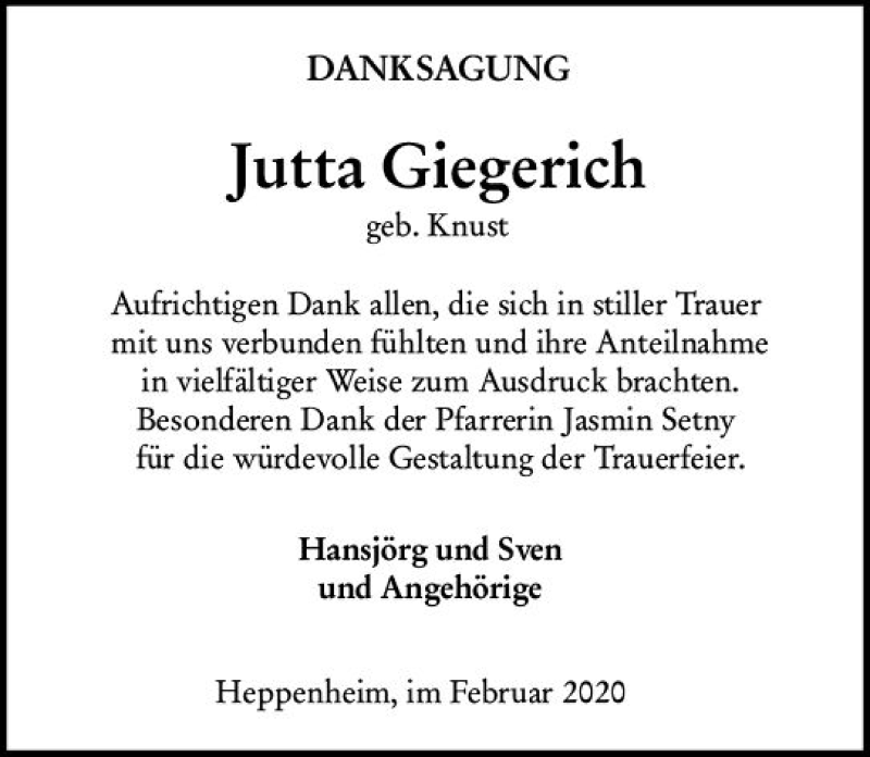  Traueranzeige für Jutta Giegerich vom 22.02.2020 aus vrm-trauer