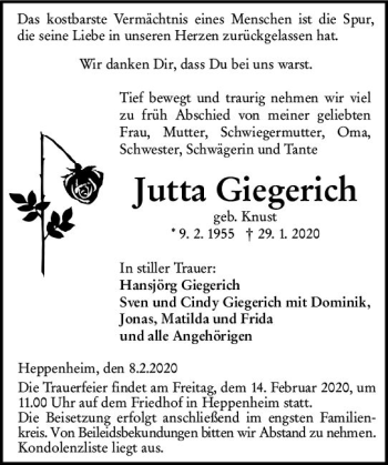 Traueranzeige von Jutta Giegerich von vrm-trauer