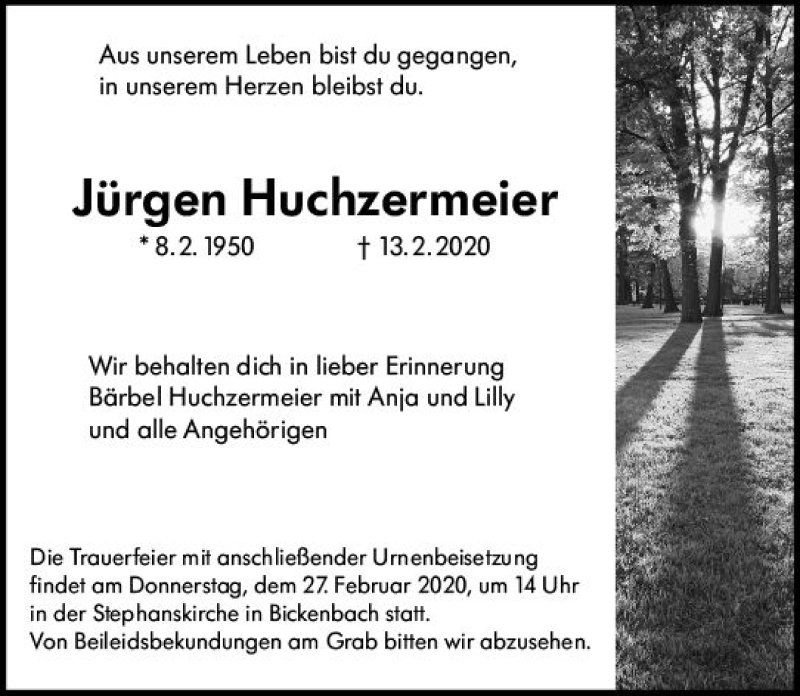  Traueranzeige für Jürgen Huchzermeier vom 22.02.2020 aus vrm-trauer