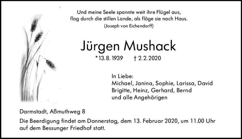  Traueranzeige für Jürgen Mushack vom 08.02.2020 aus vrm-trauer