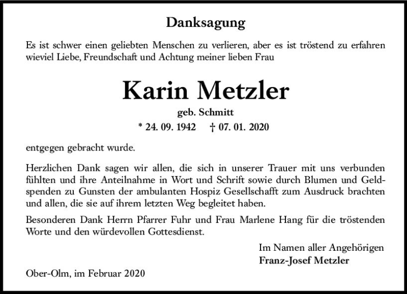  Traueranzeige für Karin Metzler vom 08.02.2020 aus vrm-trauer