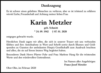 Traueranzeige von Karin Metzler von vrm-trauer