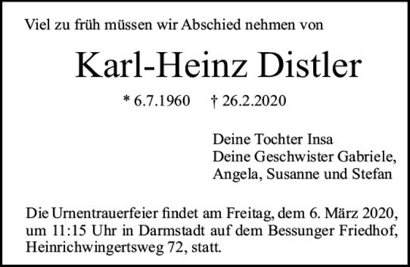  Traueranzeige für Karl-Heinz Distler vom 29.02.2020 aus vrm-trauer
