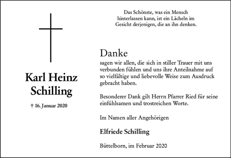  Traueranzeige für Karl Heinz Schilling vom 15.02.2020 aus vrm-trauer