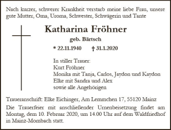 Traueranzeige von Katharina Fröhner von vrm-trauer