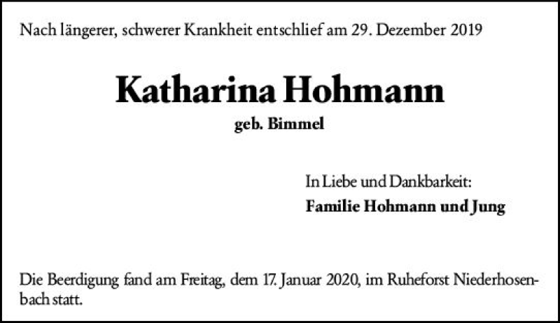  Traueranzeige für Katharina Hohmann vom 08.02.2020 aus vrm-trauer