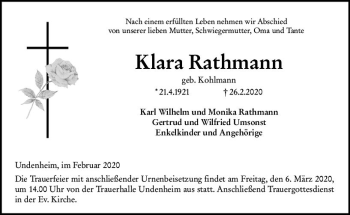 Traueranzeige von Klara Rathmann von vrm-trauer