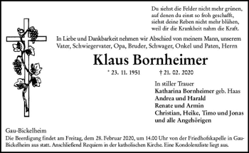 Traueranzeige von Klaus Bornheimer von vrm-trauer