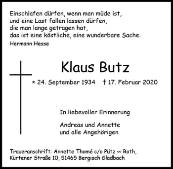Traueranzeige von Klaus Butz von vrm-trauer
