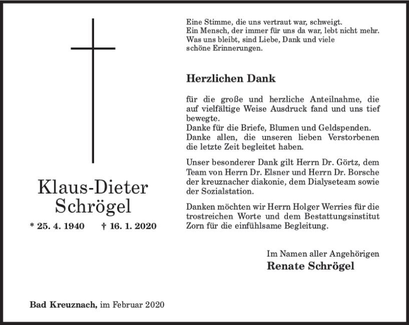  Traueranzeige für Klaus-Dieter Schrögel vom 29.02.2020 aus vrm-trauer