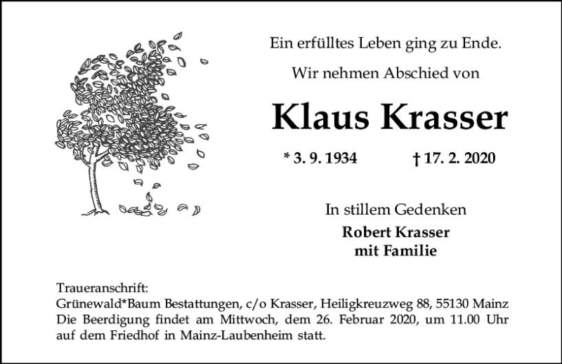  Traueranzeige für Klaus Krasser vom 22.02.2020 aus vrm-trauer