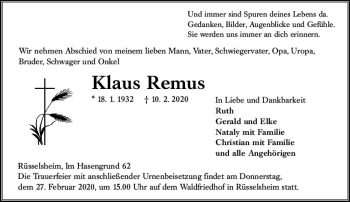Traueranzeige von Klaus Remus von vrm-trauer