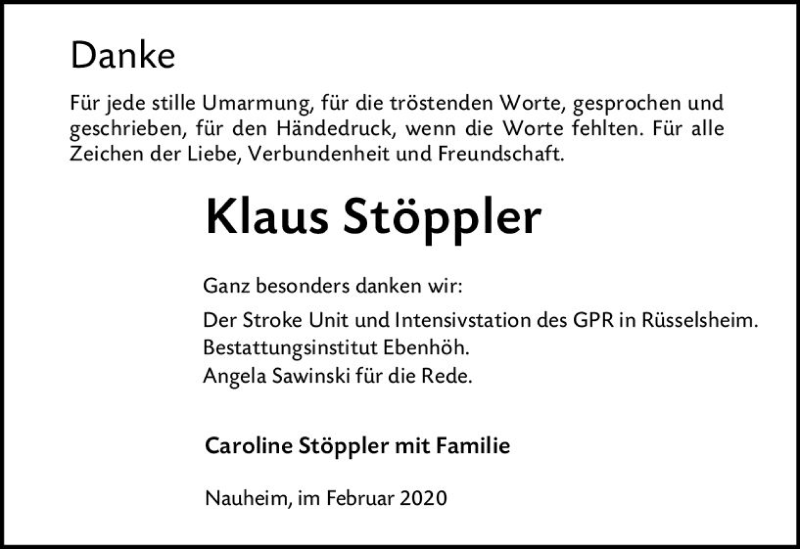  Traueranzeige für Klaus Stöppler vom 22.02.2020 aus vrm-trauer