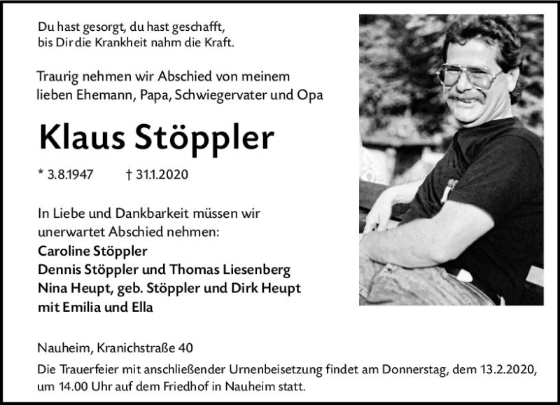  Traueranzeige für Klaus Stöppler vom 10.02.2020 aus vrm-trauer