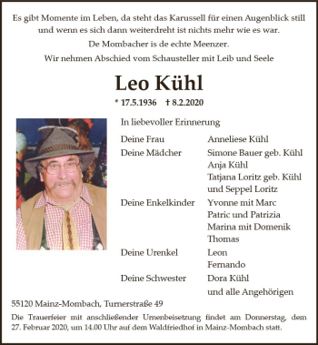 Traueranzeige von Leo Kühl von vrm-trauer