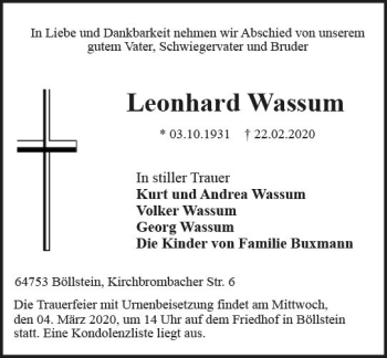 Traueranzeige von Leonhard Wassum von vrm-trauer