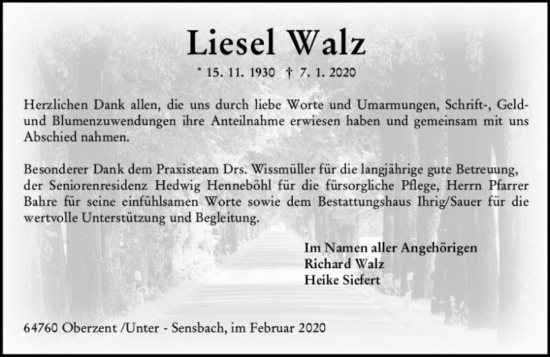  Traueranzeige für Liesel Walz vom 15.02.2020 aus vrm-trauer