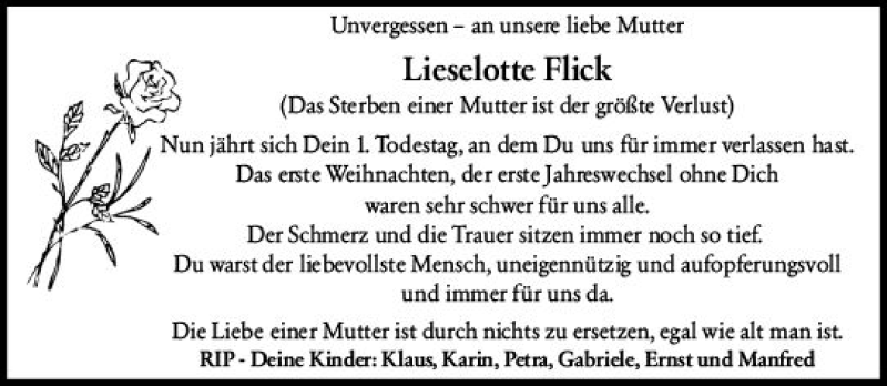  Traueranzeige für Lieselotte Flick vom 24.02.2020 aus vrm-trauer