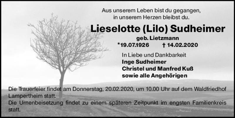  Traueranzeige für Lieselotte Sudheimer vom 18.02.2020 aus vrm-trauer