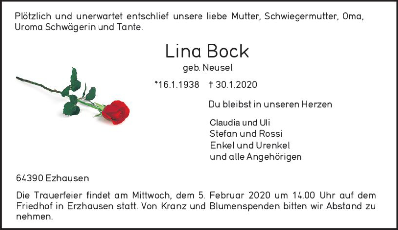  Traueranzeige für Lina Bock vom 03.02.2020 aus vrm-trauer
