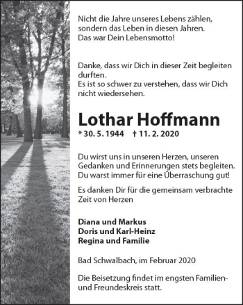 Traueranzeige von Lothar Hoffmann von vrm-trauer