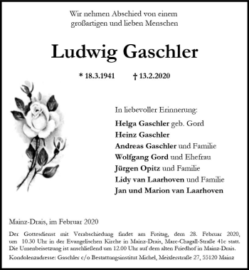 Traueranzeige von Ludwig Gaschler von vrm-trauer
