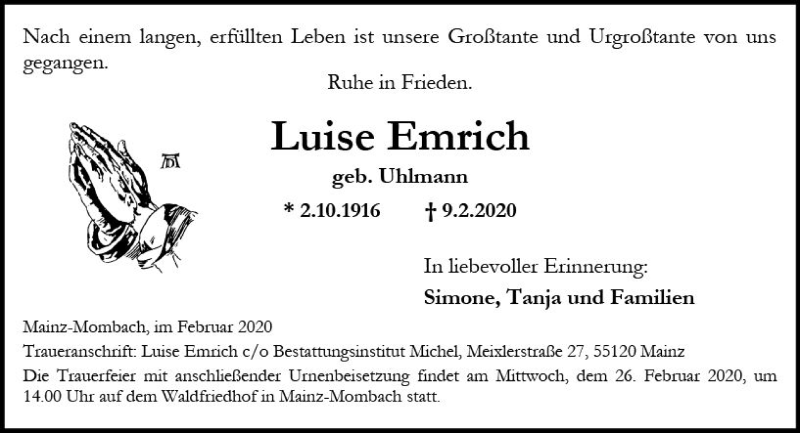  Traueranzeige für Luise Emrich vom 15.02.2020 aus vrm-trauer