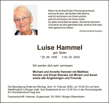 Traueranzeige von Luise Hammel von vrm-trauer