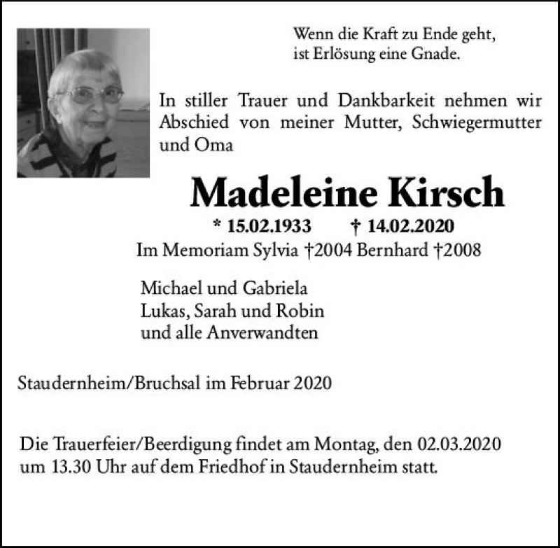  Traueranzeige für Madeleine Kirsch vom 21.02.2020 aus vrm-trauer