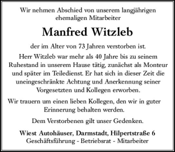 Traueranzeige von Manfred Witzleb von vrm-trauer