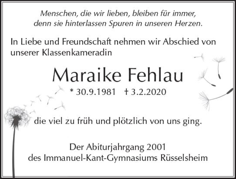  Traueranzeige für Maraike Fehlau vom 22.02.2020 aus vrm-trauer