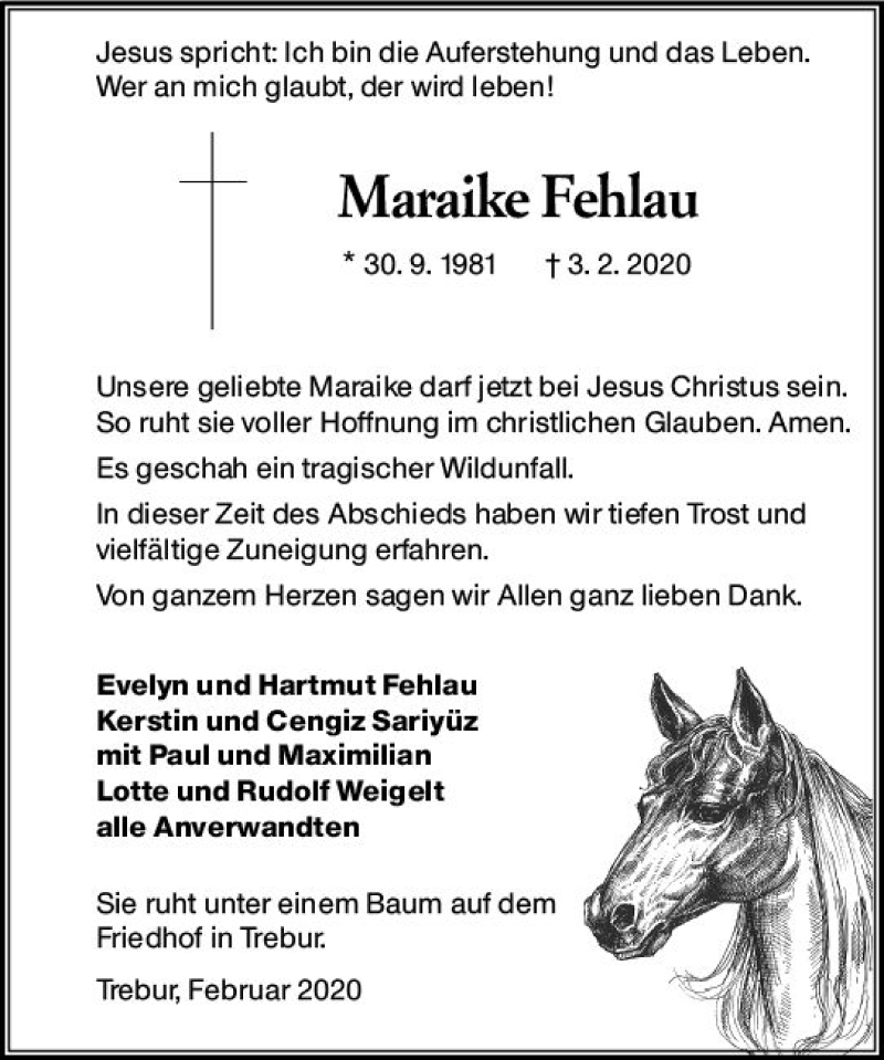  Traueranzeige für Maraike Fehlau vom 22.02.2020 aus vrm-trauer