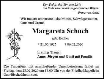 Traueranzeige von Margareta Schuch von vrm-trauer