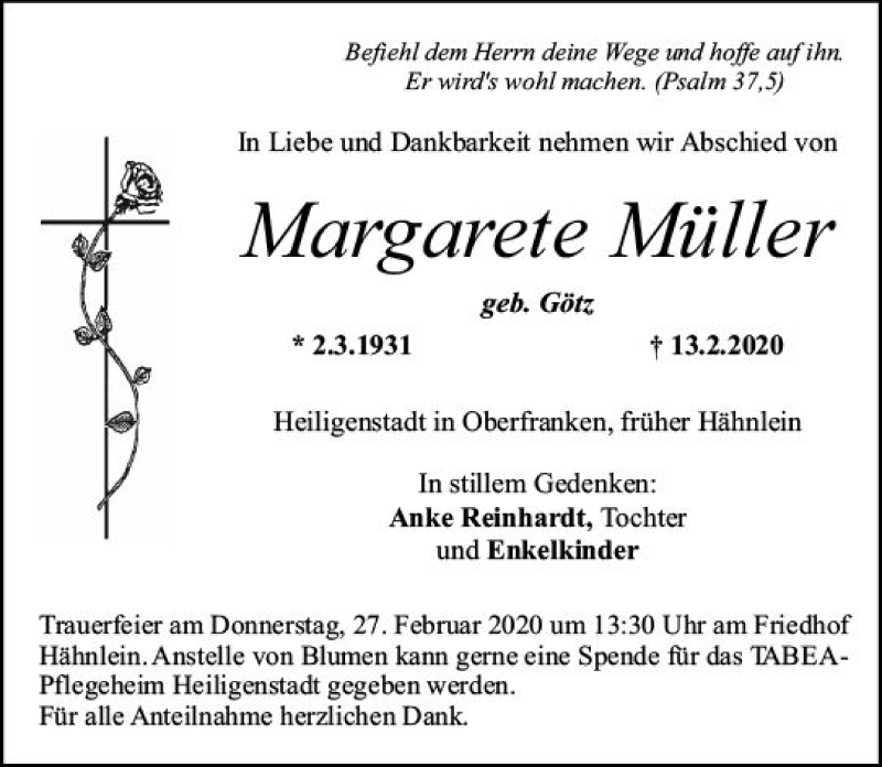  Traueranzeige für Margarete Müller vom 22.02.2020 aus vrm-trauer