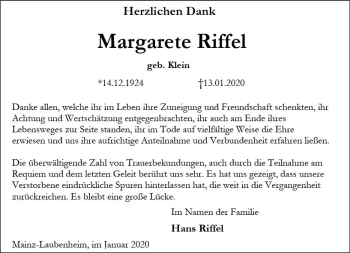 Traueranzeige von Margarete Riffel von vrm-trauer