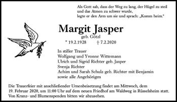 Traueranzeige von Margit Jasper von vrm-trauer