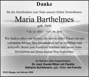 Traueranzeige von Maria Barthelmes von vrm-trauer