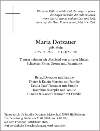 Traueranzeige von Maria Dotzauer von vrm-trauer