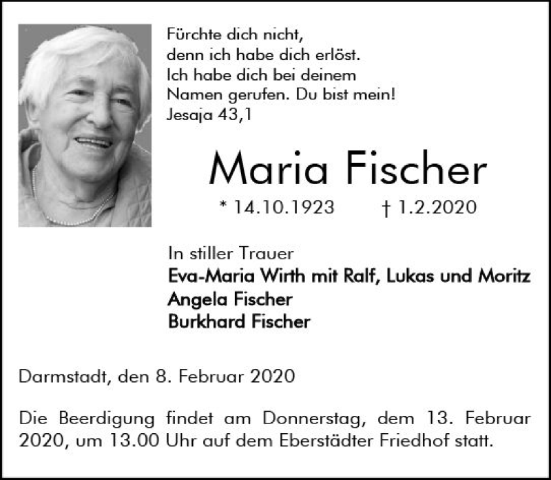  Traueranzeige für Maria Fischer vom 08.02.2020 aus vrm-trauer
