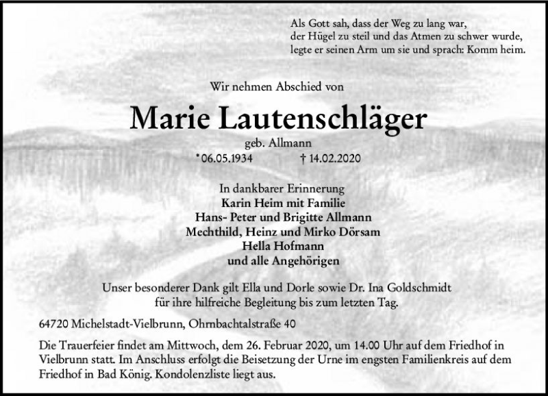  Traueranzeige für Marie Lautenschläger vom 22.02.2020 aus vrm-trauer