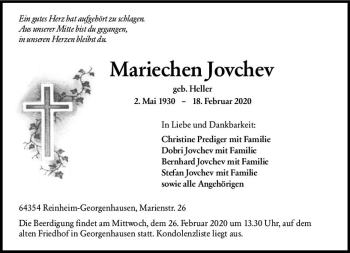 Traueranzeige von Mariechen Jovchev von vrm-trauer
