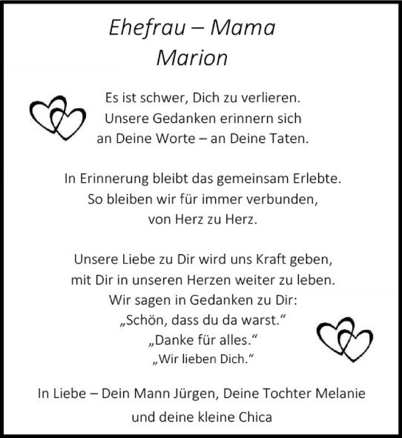  Traueranzeige für Marion  vom 29.02.2020 aus vrm-trauer