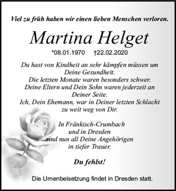 Traueranzeige von Martina Helget von vrm-trauer