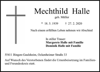Traueranzeige von Mechthild Halle von vrm-trauer